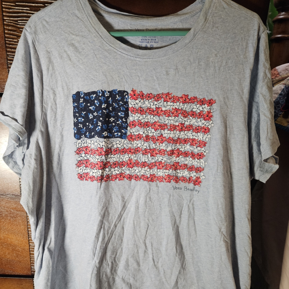 Vera Bradley Light Gray Tee with Floral American Flag